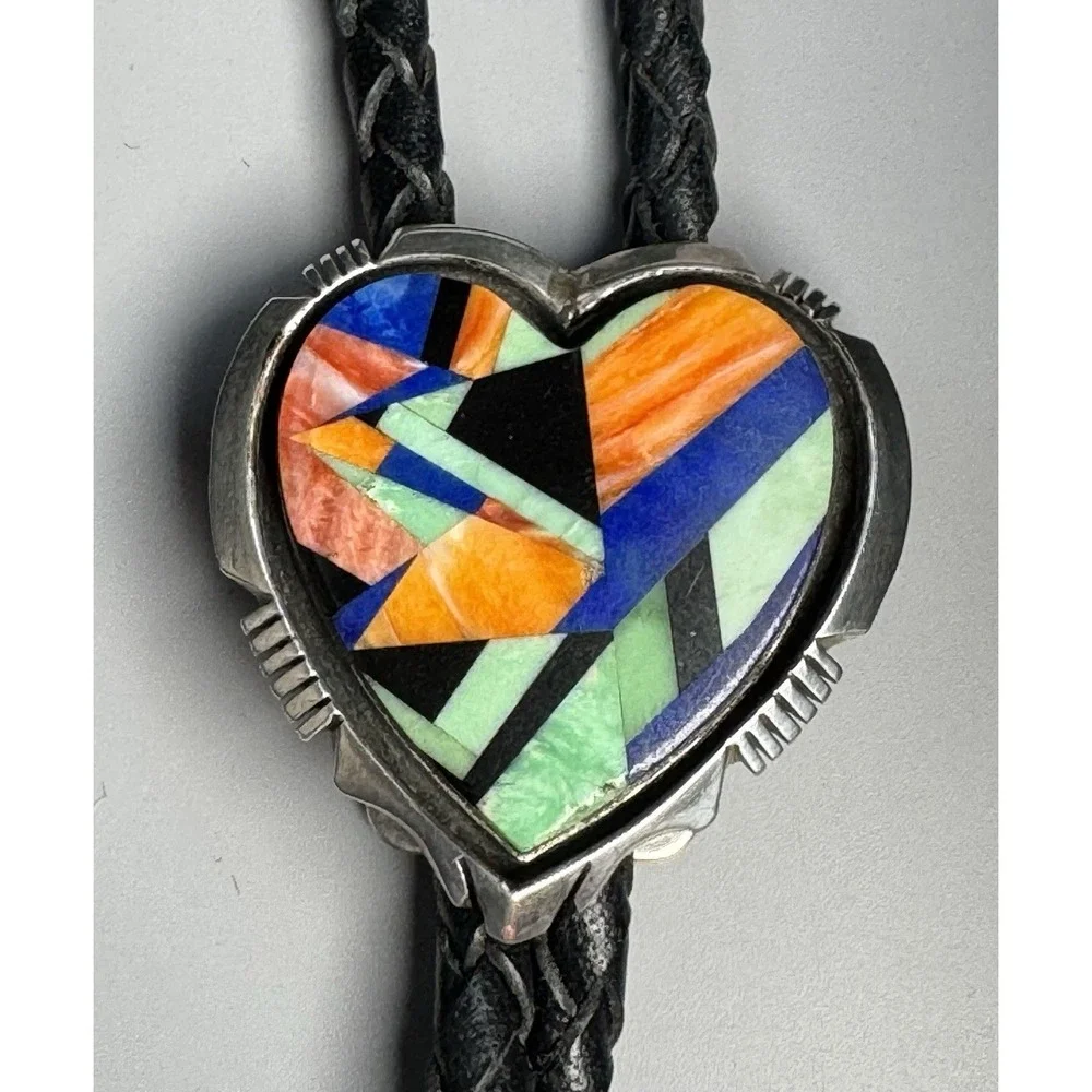 E. Secatero Sterling Silver Heart Mosaic Inlay Bolo Tie Navajo Signed 28.45g
